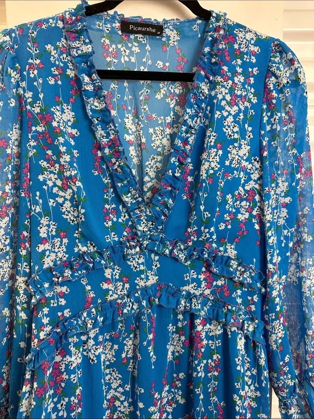 Picaurshe Blue Floral V-Neck Midi Dress